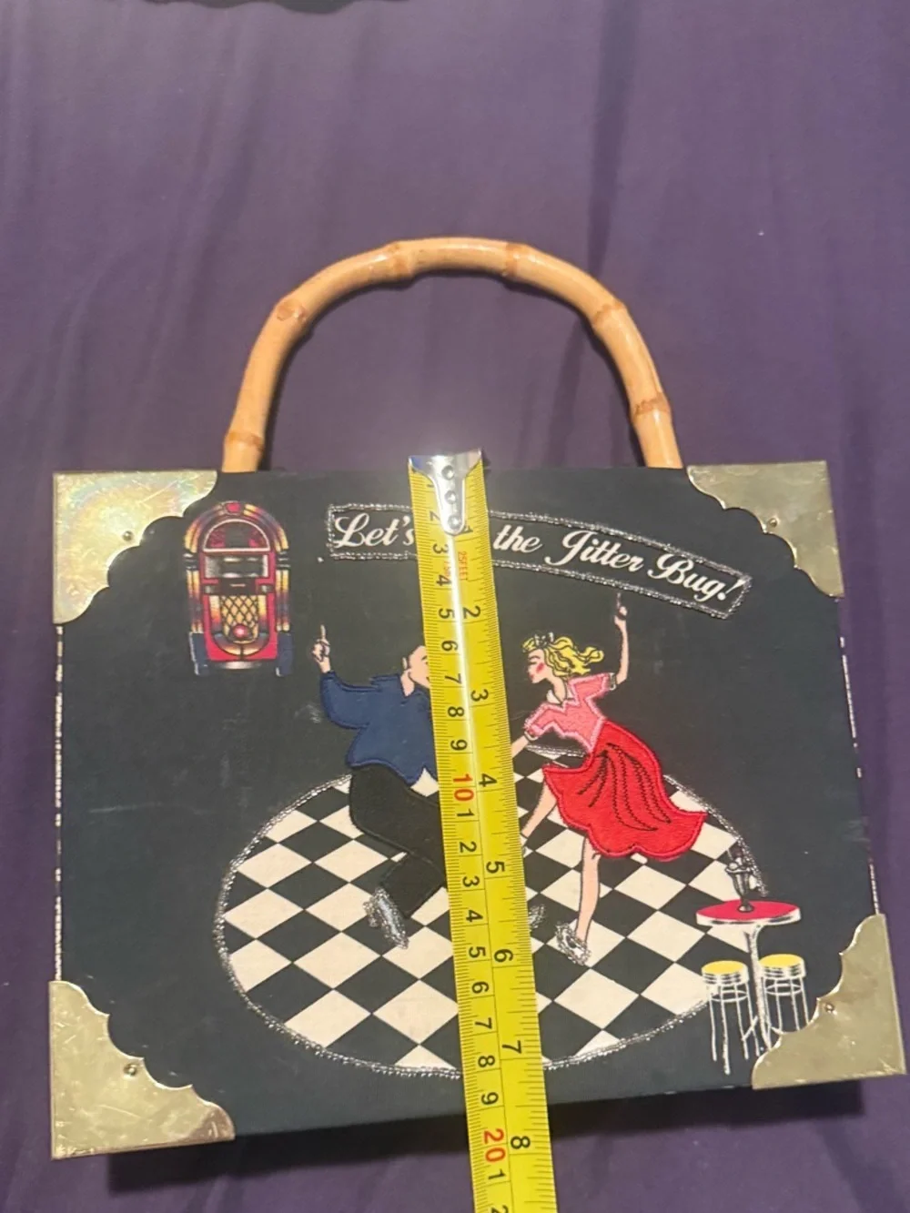 Vintage Cigar Box Purse Jitterbug Dancing Rockabilly Beaded Bamboo Handle Bag